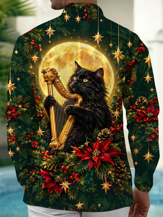 Adaychic Men's Long Sleeve Shirt - Black Cat Playing Harp With Christmas Elements Print with Chest Pocket