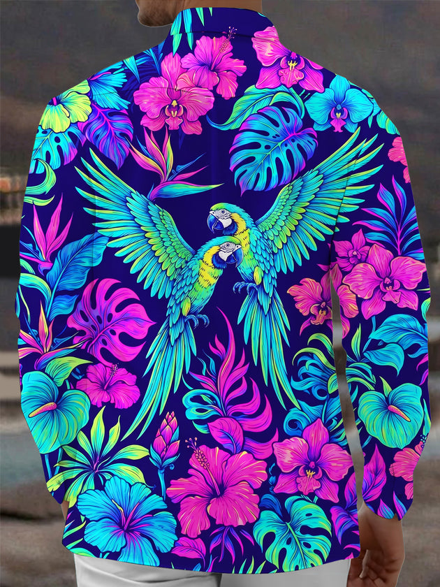 Adaychic Men's Neon Parrots And Tropical Flowers Print Long Sleeve Shirt with Chest Pocket
