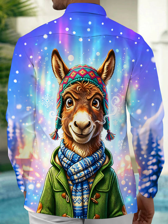 Adaychic Men's Graphic Donkey Character Print Long Sleeve Shirt with Chest Pocket