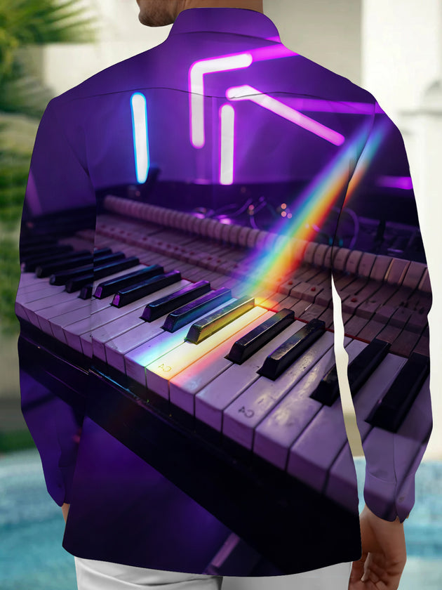 Adaychic Men's Long Sleeve Shirt - Neon Piano Keyboard With Rainbow Light Beam Print with Chest Pocket