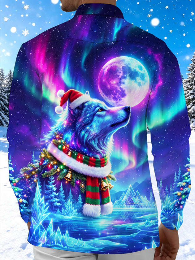 Adaychic Men's Wolf With Santa Hat And Christmas Scarf Print Long Sleeve Shirt with Chest Pocket