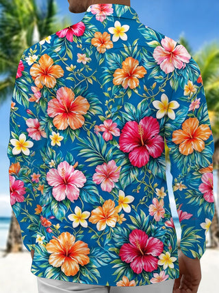 Adaychic Men's Tropical Hibiscus And Plumeria Flowers Print Long Sleeve Shirt with Chest Pocket