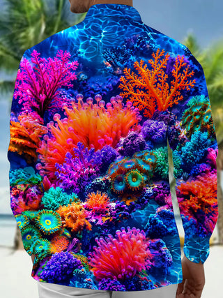 Adaychic Men's Coral Reef And Sea Anemones Print Long Sleeve Shirt with Chest Pocket