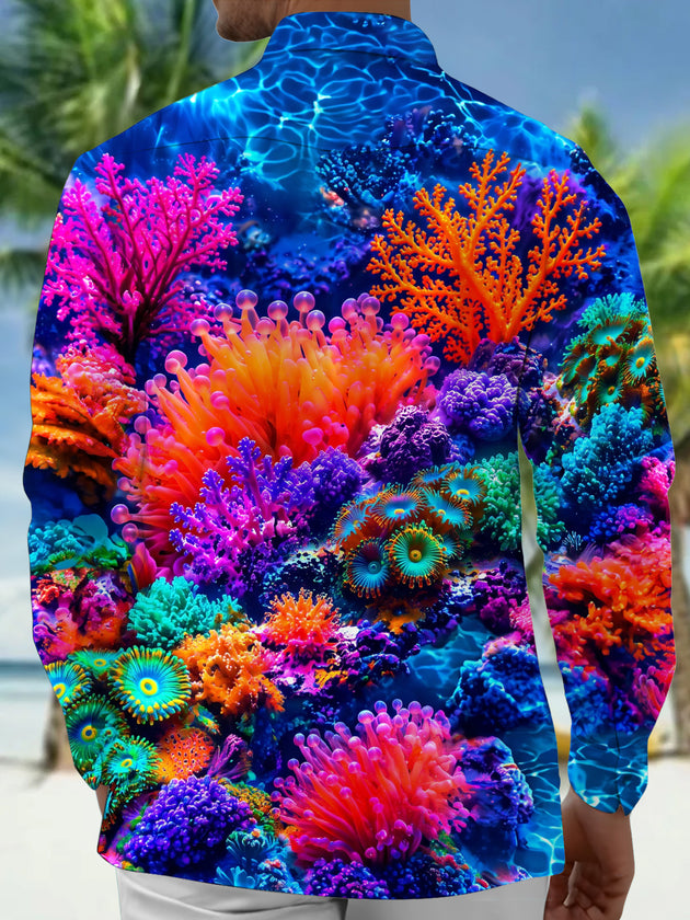 Adaychic Men's Coral Reef And Sea Anemones Print Long Sleeve Shirt with Chest Pocket