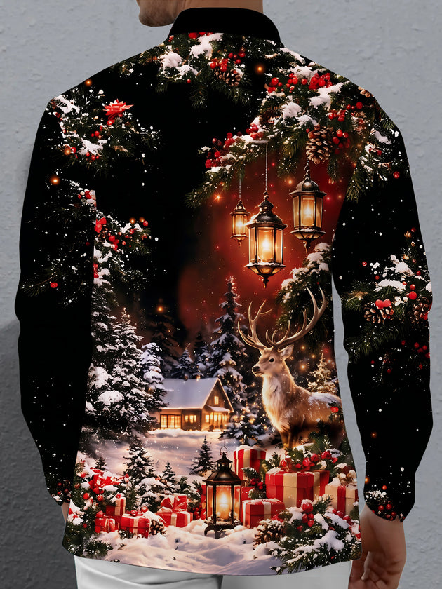 Adaychic Men's Long Sleeve Shirt - Christmas Winter Reindeer And Snowy Cabin Scene Print with Chest Pocket