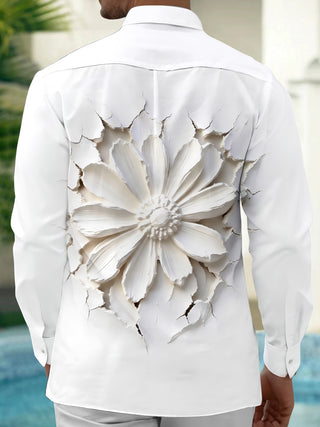 Adaychic Men's 3D 3D Relief Flower Print Long Sleeve Shirt with Chest Pocket