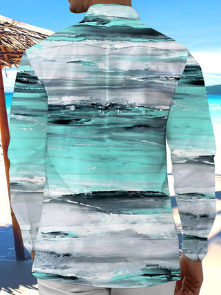 Adaychic Men's Printed Abstract Ocean Waves Print Long Sleeve Shirt with Chest Pocket