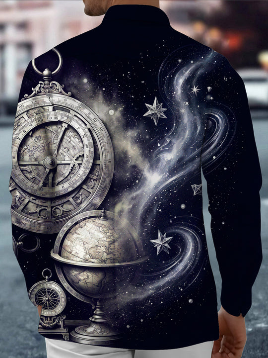 Adaychic Men's Vintage Astrolabe And Star Map Print Long Sleeve Shirt with Chest Pocket