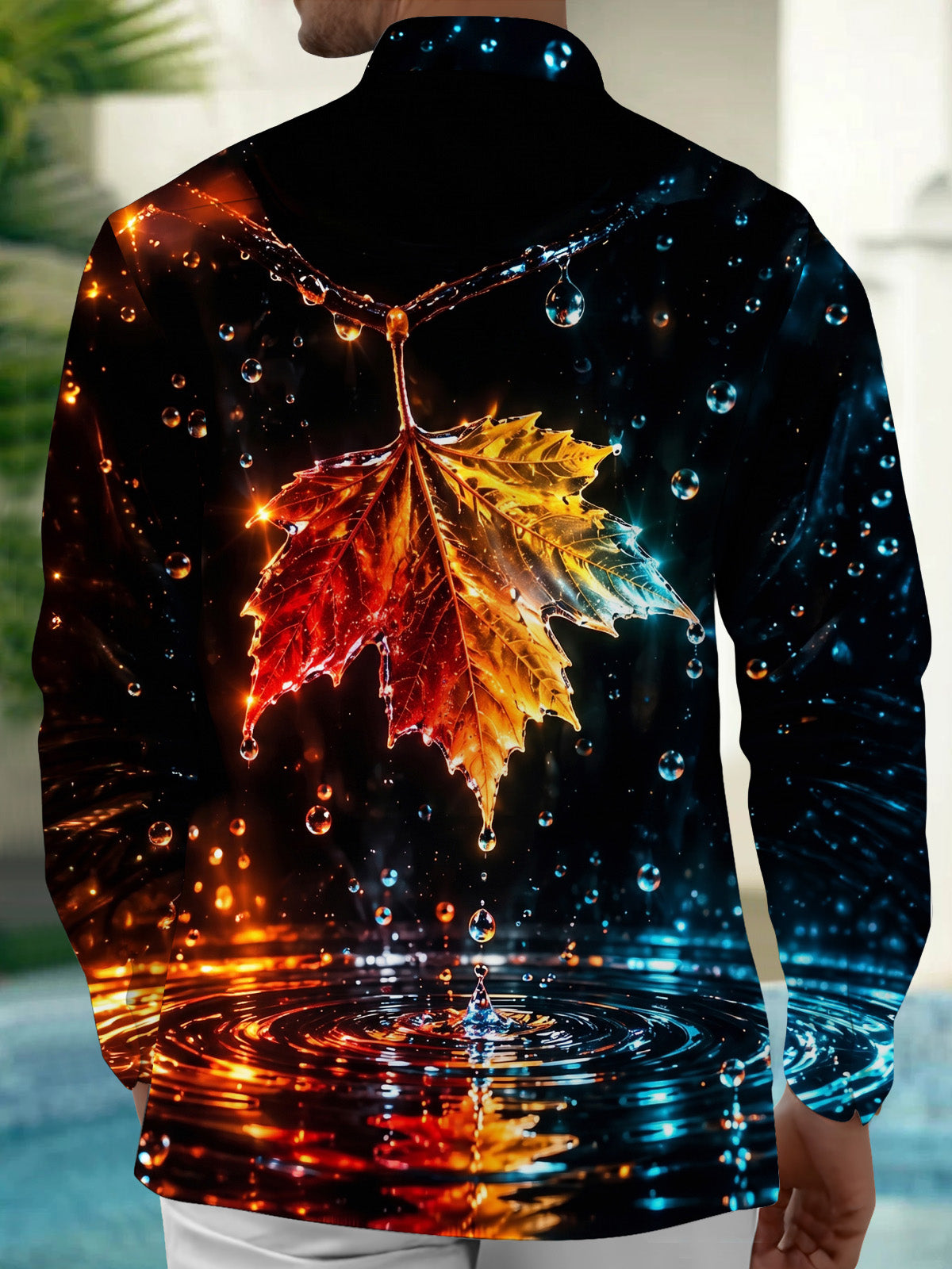 Adaychic Men's Printed Maple Leaf And Water Droplets Print Long Sleeve Shirt with Chest Pocket