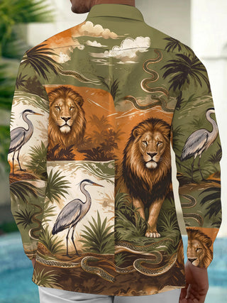 Adaychic Men's Hawaiian Lion And Heron Wildlife Print Long Sleeve Shirt with Chest Pocket
