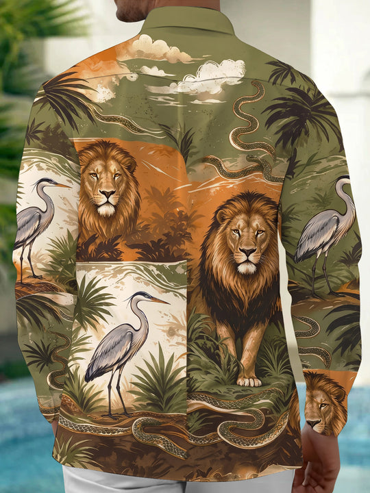 Adaychic Men's Hawaiian Lion And Heron Wildlife Print Long Sleeve Shirt with Chest Pocket