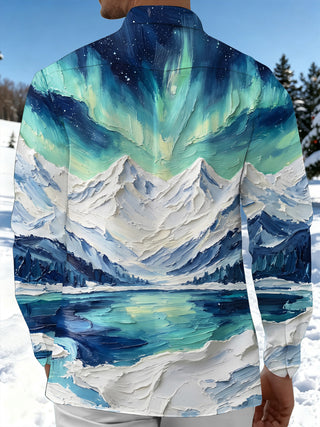 Adaychic Men's Aurora Borealis And Snowy Mountains Print Long Sleeve Shirt with Chest Pocket