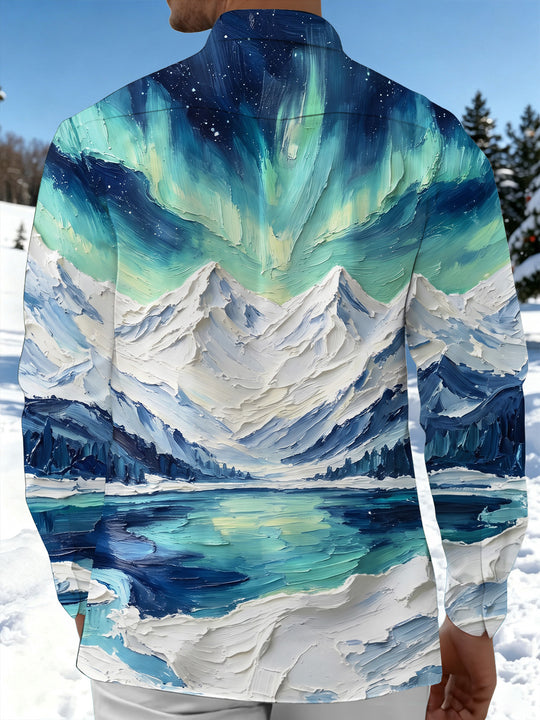 Adaychic Men's Aurora Borealis And Snowy Mountains Print Long Sleeve Shirt with Chest Pocket