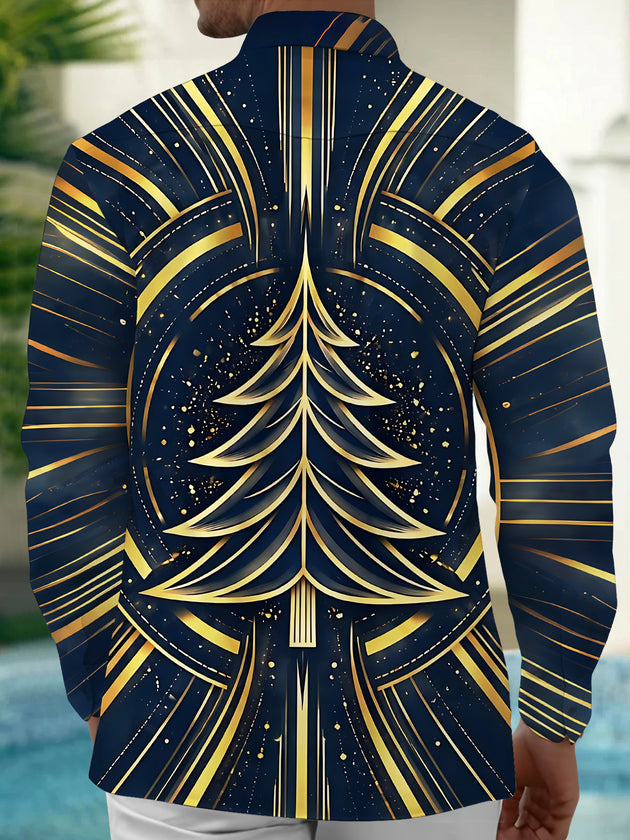 Adaychic Men's Christmas Tree And Geometric Lines Print Long Sleeve Shirt with Chest Pocket