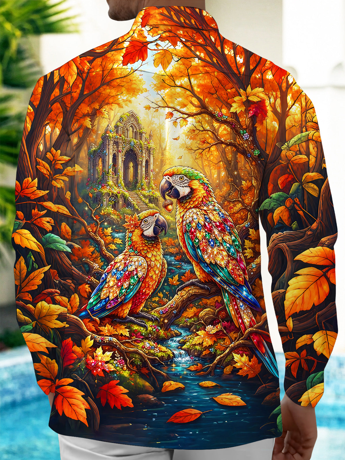 Adaychic Men's Graphic Parrots In Autumn Forest Print Long Sleeve Shirt with Chest Pocket