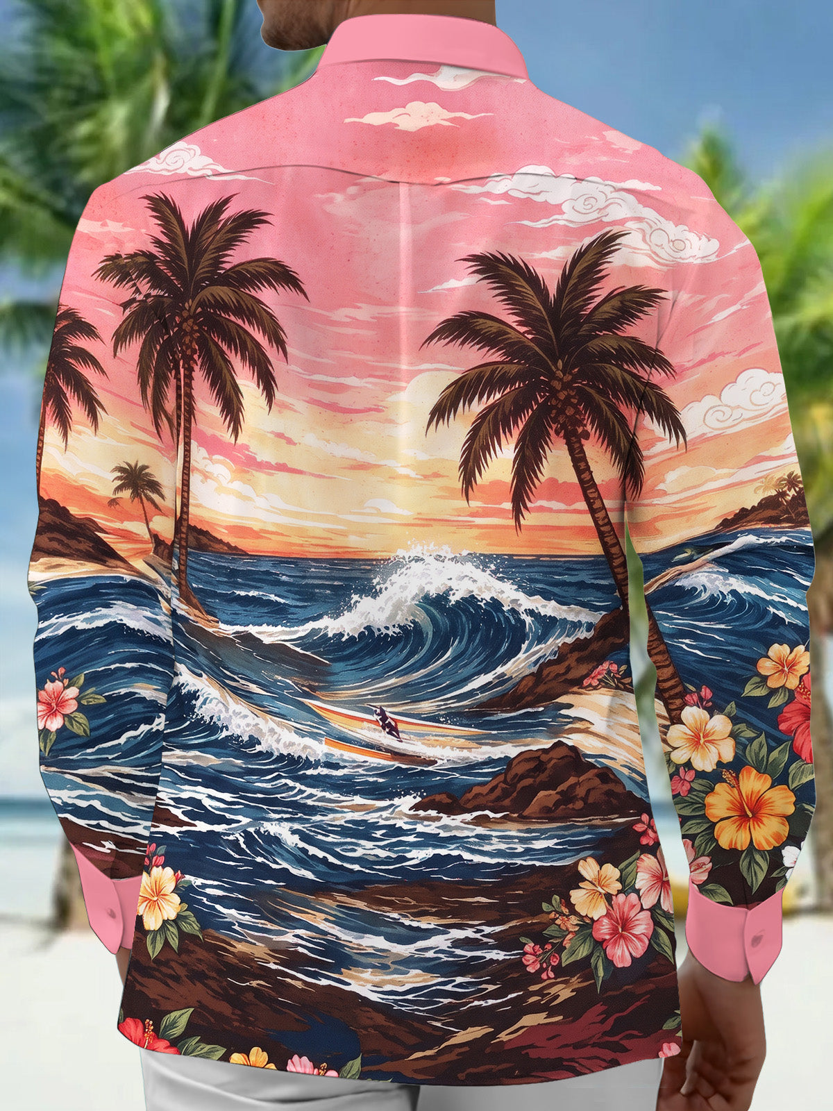 Adaychic Men's Palm Trees And Ocean Waves Print Long Sleeve Shirt with Chest Pocket