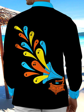 Adaychic Men's Vintage Style Gramophone Print Long Sleeve Shirt with Chest Pocket