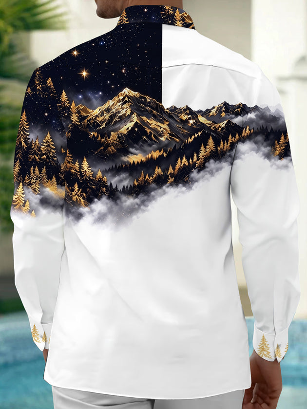 Adaychic Men's Printed Starry Sky Mountains And Forest Print Long Sleeve Shirt with Chest Pocket