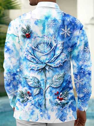 Adaychic Men's Long Sleeve Shirt - Blue Rose With Snowflakes And Winter Berries Print with Chest Pocket
