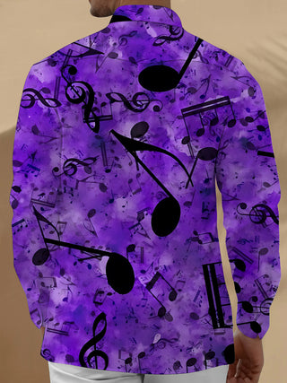 Adaychic Men's Printed Music Notes Print Long Sleeve Shirt with Chest Pocket