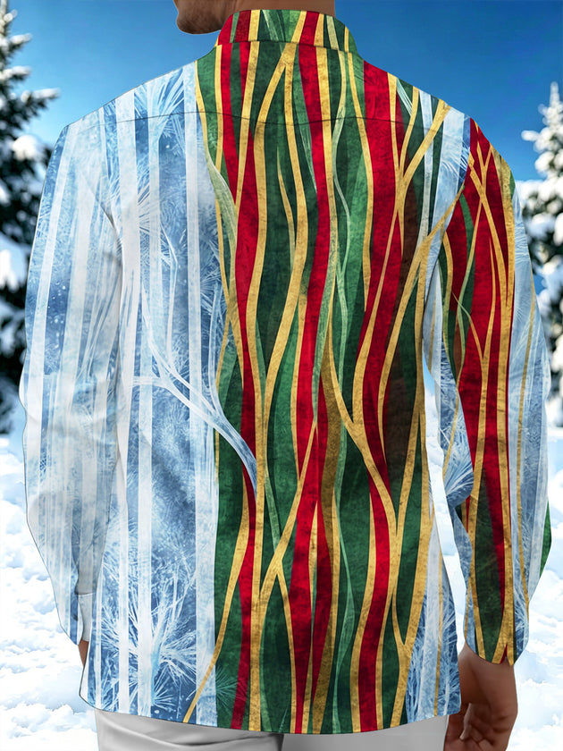Adaychic Men's Christmas Ice Texture Color Stripe Print Long Sleeve Shirt with Chest Pocket