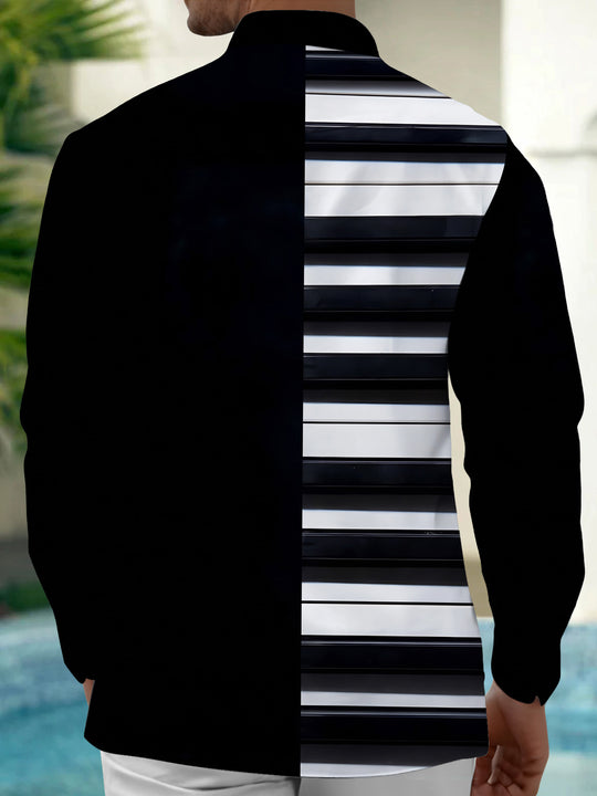 Adaychic Men's Black And White Horizontal Stripes Print Long Sleeve Shirt with Chest Pocket