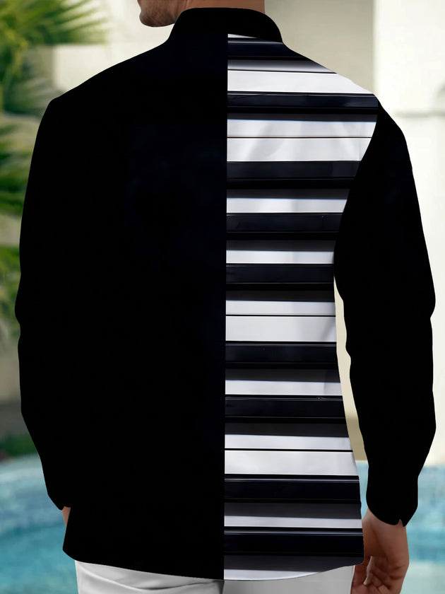 Adaychic Men's Black And White Horizontal Stripes Print Long Sleeve Shirt with Chest Pocket