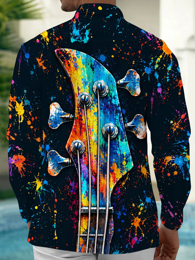 Adaychic Men's Long Sleeve Shirt - Bass Guitar Headstock With Paint Splatter Print with Chest Pocket