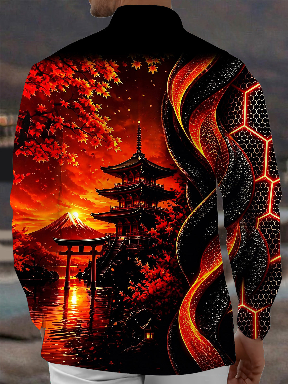 Adaychic Men's Printed Japanese Pagoda Sunset Print Long Sleeve Shirt with Chest Pocket