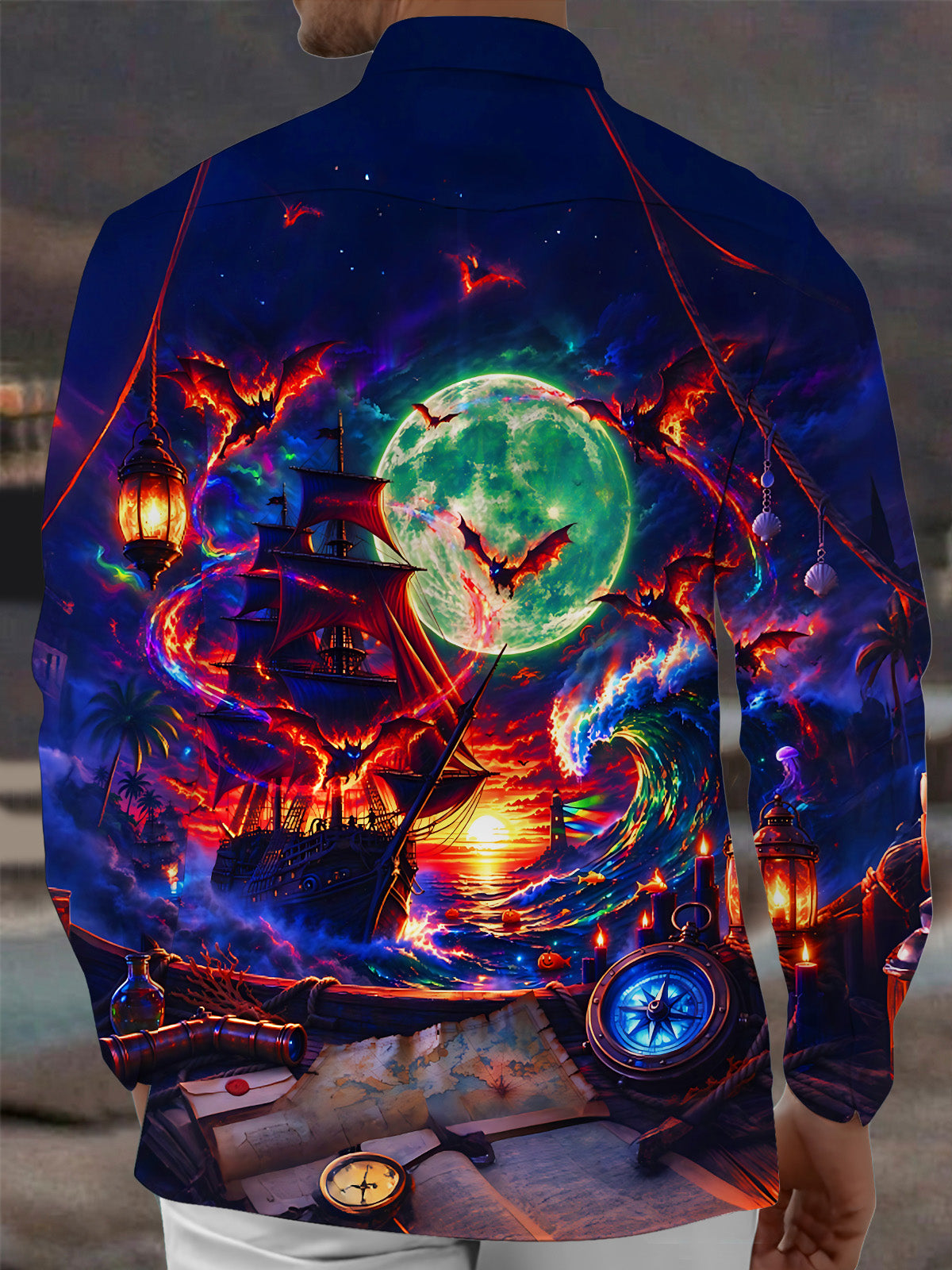Adaychic Men's Long Sleeve Shirt - Ghost Pirate Ship And Bats Under Full Moon Print with Chest Pocket