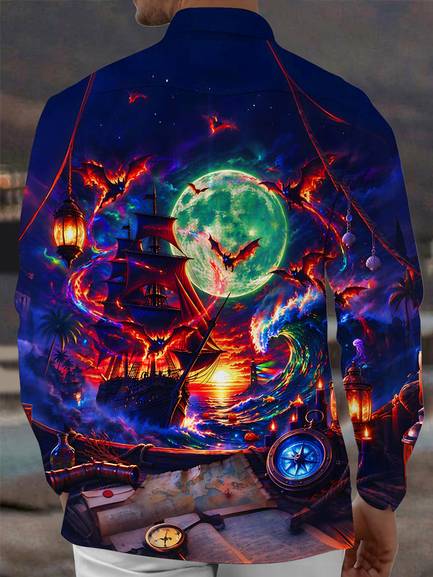 Adaychic Men's Long Sleeve Shirt - Ghost Pirate Ship And Bats Under Full Moon Print with Chest Pocket