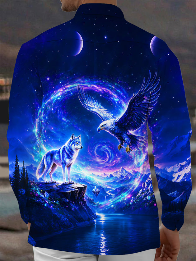 Adaychic Men's Graphic Eagle And Wolf In Cosmic Galaxy Print Long Sleeve Shirt with Chest Pocket