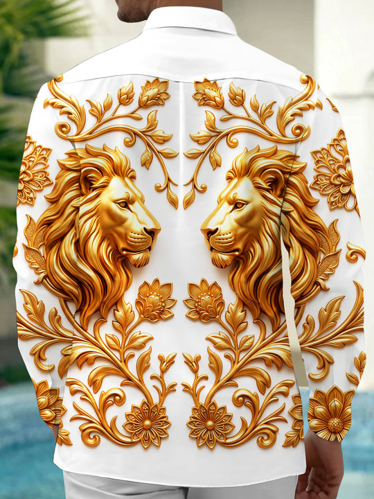 Adaychic Men's Golden Lions And Floral Baroque Patterns Print Long Sleeve Shirt with Chest Pocket