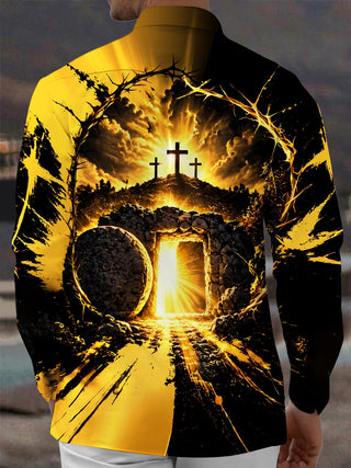 Adaychic Men's Long Sleeve Shirt - Easter Resurrection Scene With Three Crosses And Open Tomb Print with Chest Pocket