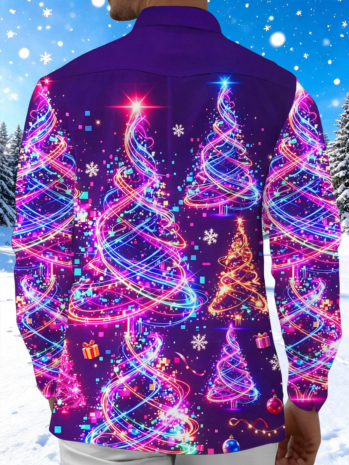 Adaychic Men's Graphic Neon Light Christmas Trees Print Long Sleeve Shirt with Chest Pocket