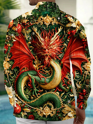 Adaychic Men's Oriental Dragon And Christmas Ornaments Print Long Sleeve Shirt with Chest Pocket