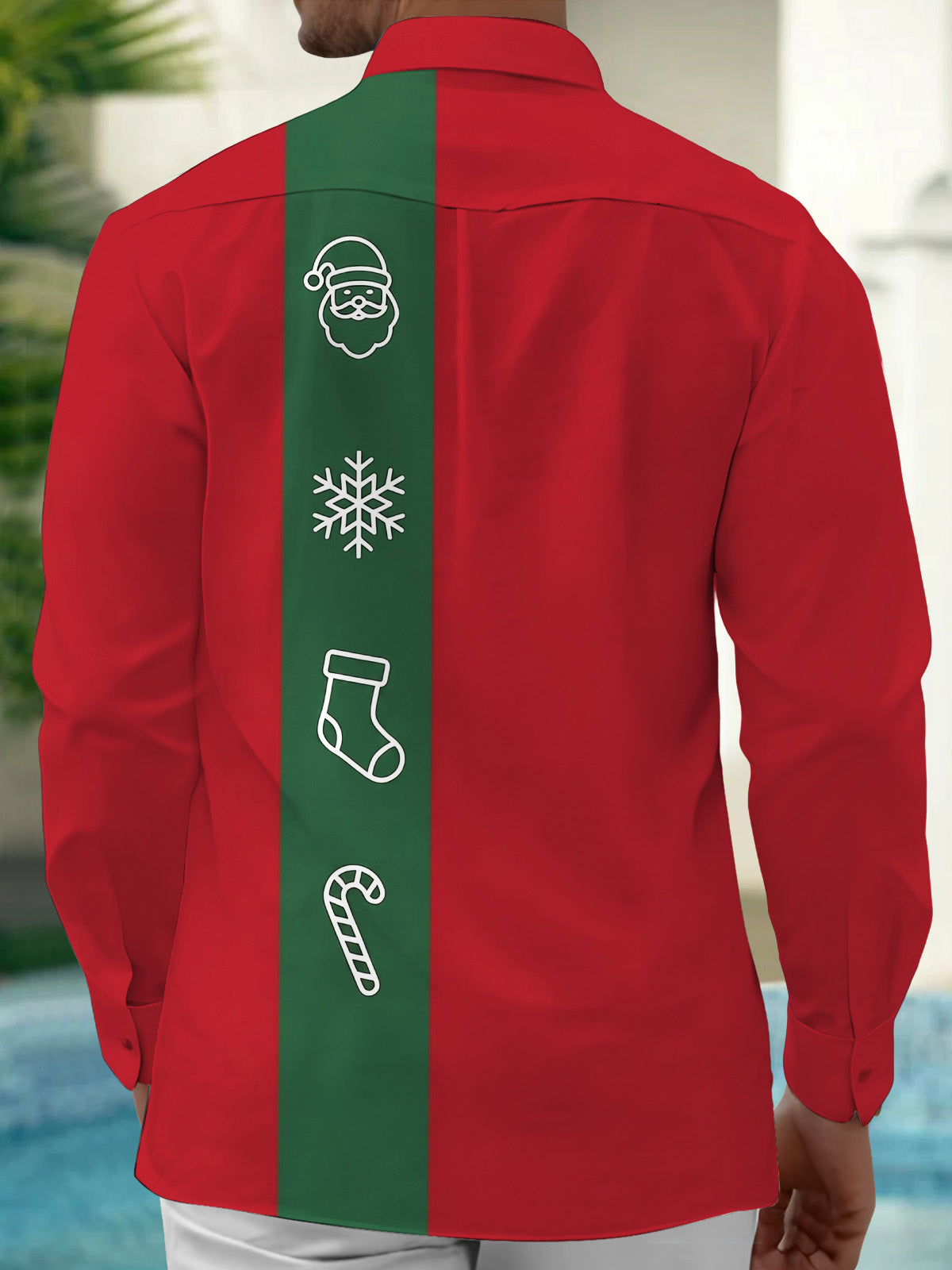 Adaychic Men's Printed Santa Claus Face Print Long Sleeve Shirt with Chest Pocket