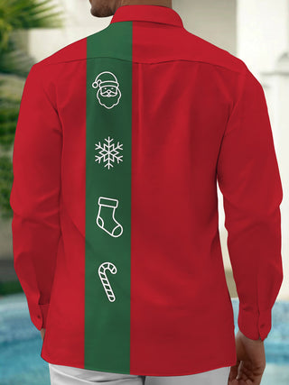 Adaychic Men's Printed Santa Claus Face Print Long Sleeve Shirt with Chest Pocket
