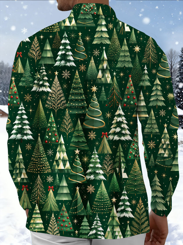 Adaychic Men's Printed Christmas Trees And Ornaments Print Long Sleeve Shirt with Chest Pocket
