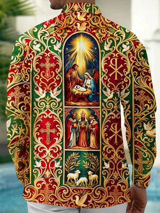Adaychic Men's Long Sleeve Shirt - Nativity Scene With Mary Joseph Baby Jesus And Three Wise Men Print with Chest Pocket