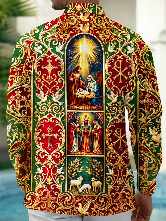 Adaychic Men's Long Sleeve Shirt - Nativity Scene With Mary Joseph Baby Jesus And Three Wise Men Print with Chest Pocket