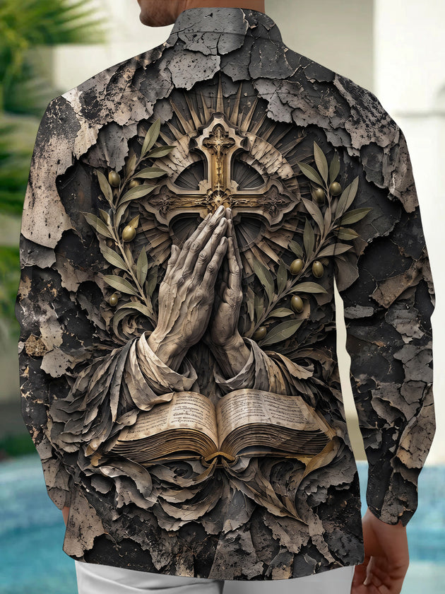 Adaychic Men's Long Sleeve Shirt - Praying Hands And Cross With Olive Branches Print with Chest Pocket