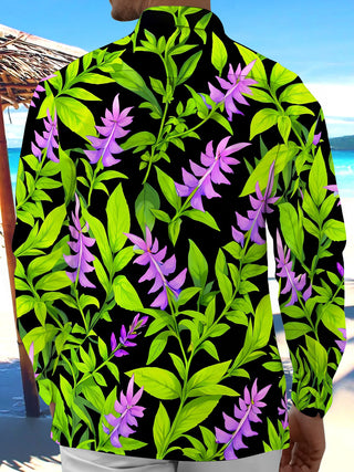 Adaychic Men's Hawaiian Purple Flowers Print Long Sleeve Shirt with Chest Pocket
