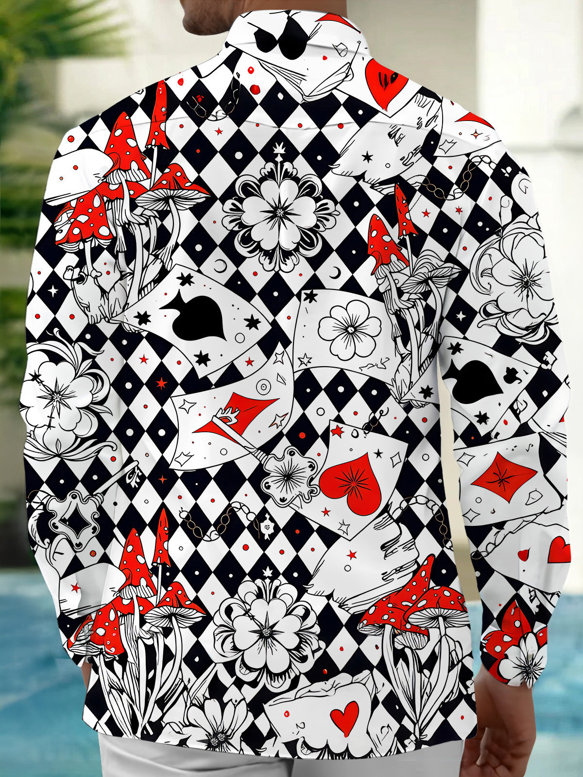 Adaychic Men's Graphic Casino Print Poker Print Long Sleeve Shirt with Chest Pocket