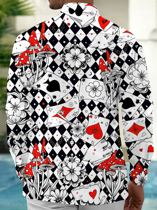 Adaychic Men's Graphic Casino Print Poker Print Long Sleeve Shirt with Chest Pocket