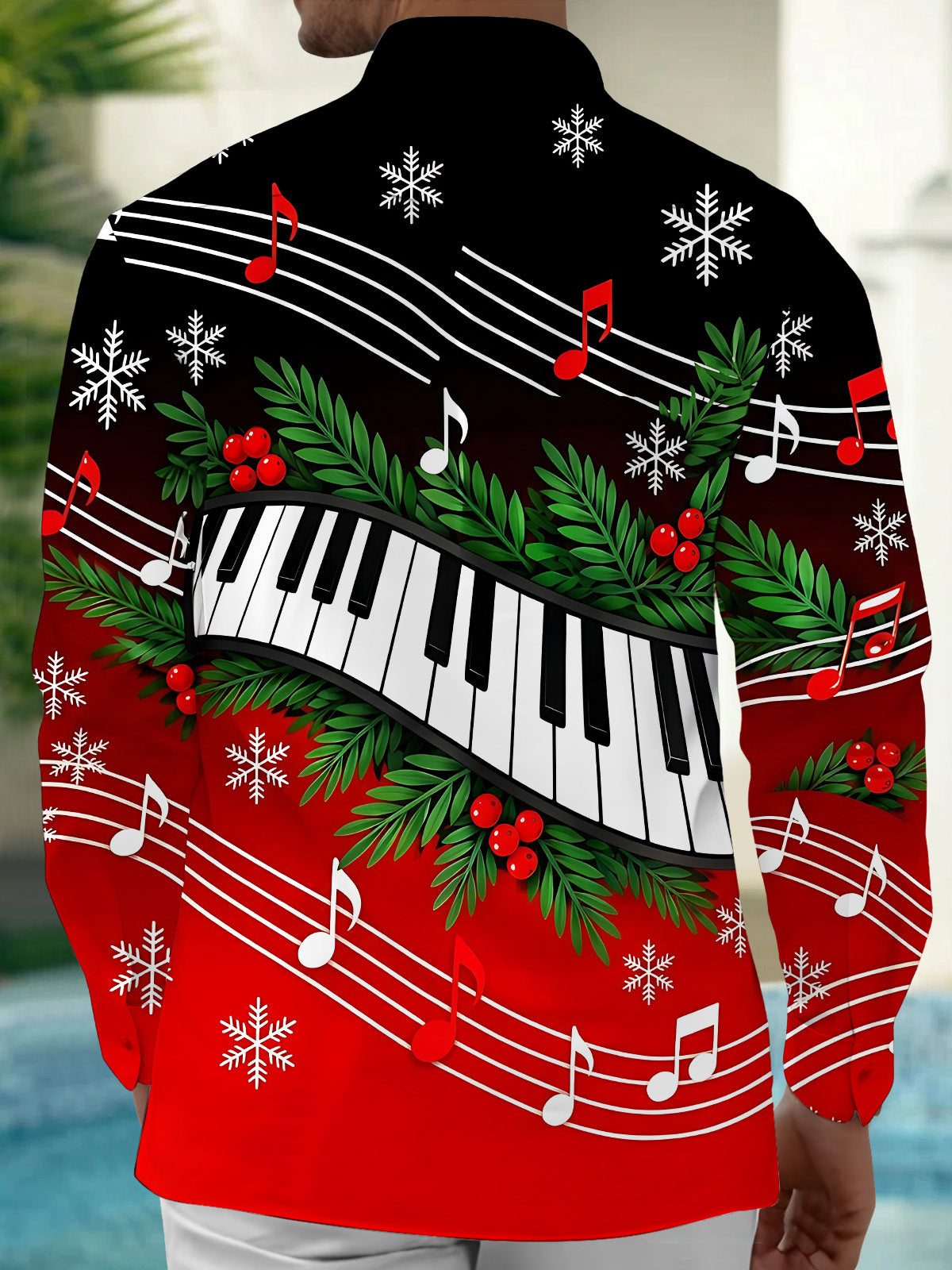 Adaychic Men's Long Sleeve Shirt - Christmas Piano Keyboard And Musical Notes Print with Chest Pocket