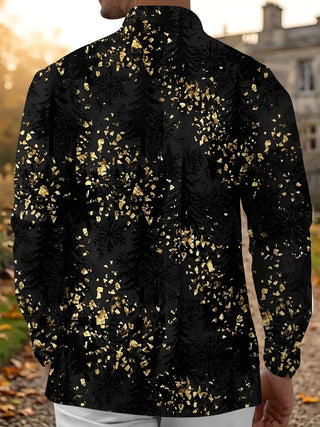 Adaychic Men's Printed Gold Snowflake And Gold Flake Pattern Long Sleeve Shirt with Chest Pocket