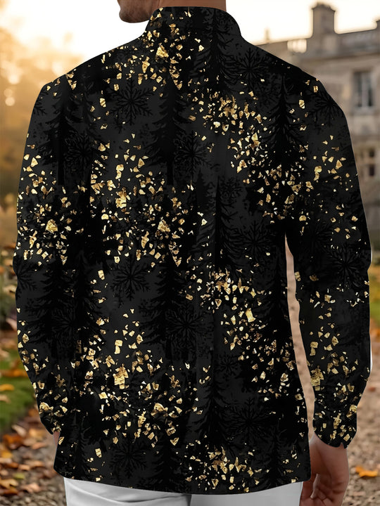 Adaychic Men's Printed Gold Snowflake And Gold Flake Pattern Long Sleeve Shirt with Chest Pocket
