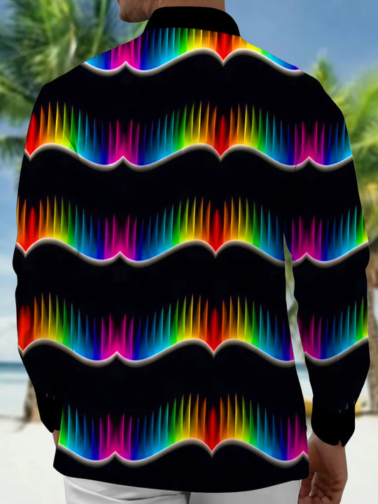 Adaychic Men's Patterned Rainbow Wave Lines Print Long Sleeve Shirt with Chest Pocket