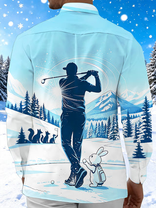 Adaychic Men's Long Sleeve Shirt - Golf Player Silhouette And Winter Animals Print with Chest Pocket